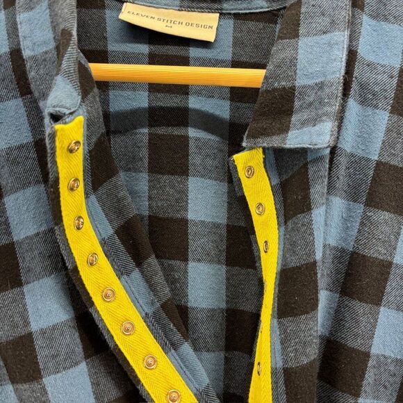 Eleven Stitch Design Medium Blue Black Plaid Button-Up Shirt Lagenlook Relaxed‎ - Picture 7 of 10